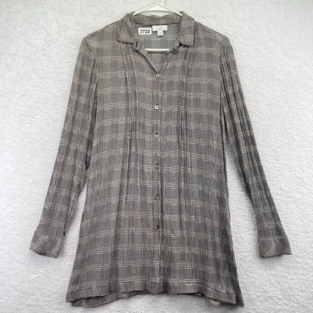 J Jill Womens Tunic Top Size XS Black White Houndstooth Pintuck Button Up